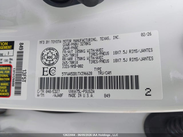 5TFWA5DB1TX396628 Toyota Tundra Crewmax Limited/crewmax Platinum/crewmax 1794/crewmax Sr/crewmax Sr5
