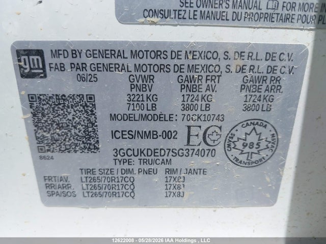 12622008 :رقم المزاد ، 3GCUKDED7SG374070 vin ، 2025 Chevrolet Silverado K1500 Lt مزاد بيع