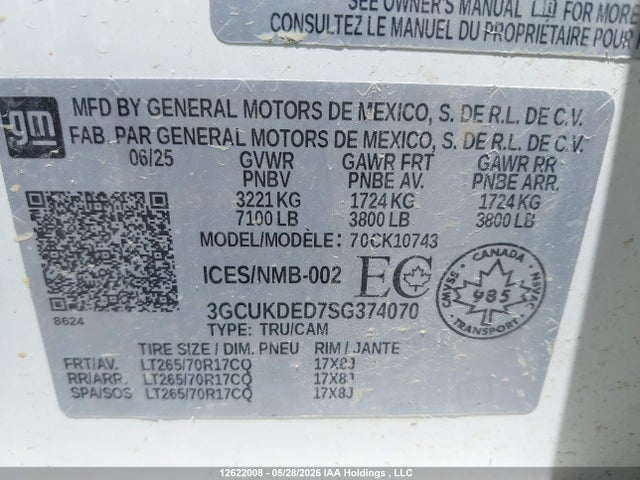 12622008 :رقم المزاد ، 3GCUKDED7SG374070 vin ، 2025 Chevrolet Silverado K1500 Lt مزاد بيع
