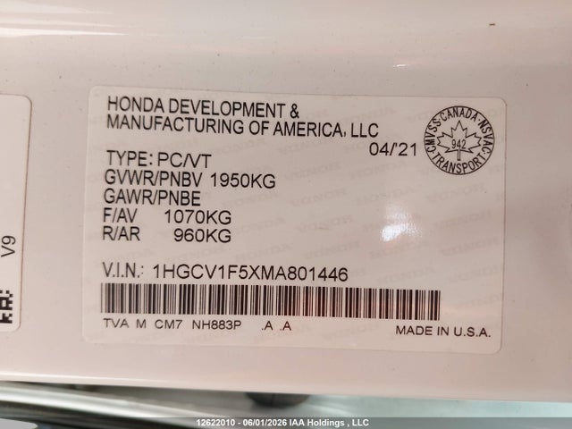 2021 Honda Accord მანქანა იყიდება აუქციონზე, vin: 1HGCV1F5XMA801446, აუქციონის ნომერი: 12622010