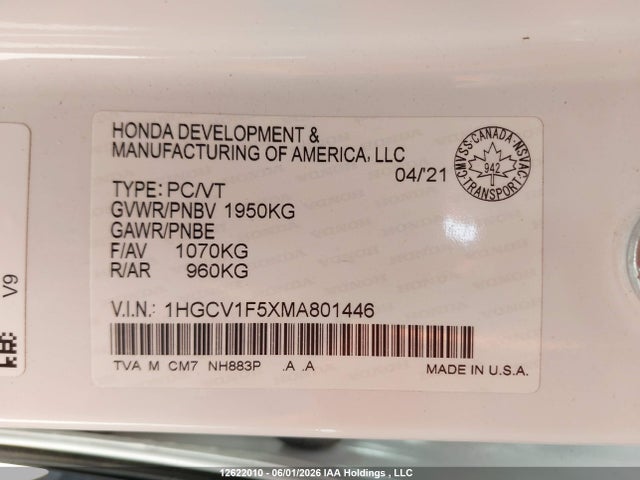 2021 Honda Accord მანქანა იყიდება აუქციონზე, vin: 1HGCV1F5XMA801446, აუქციონის ნომერი: 12622010