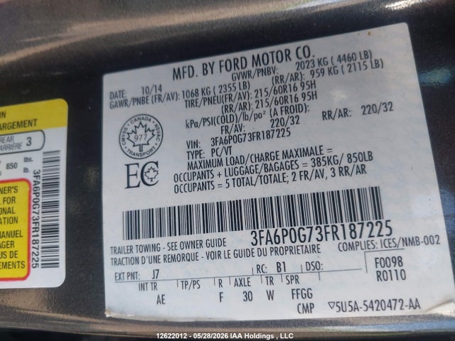 Продажа на аукционе авто 2015 Ford Fusion S, vin: 3FA6P0G73FR187225, номер лота: 12622012