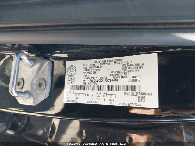 12622013 :رقم المزاد ، 1FMCU0GD1JUC91446 vin ، 2018 Ford Escape Se مزاد بيع