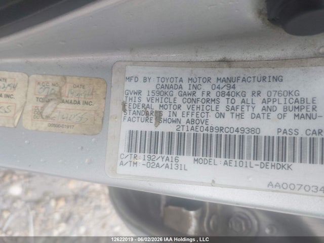 Aukcja sprzedaży 1994 Toyota Corolla, vin: 2T1AE04B9RC049380, numer aukcji: 12622019