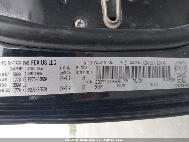 2015 Ram 1500 Sport მანქანა იყიდება აუქციონზე, vin: 1C6RR7MT3FS765878, აუქციონის ნომერი: 12622020