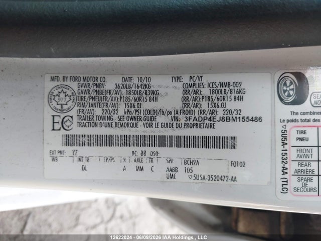 12622024 :رقم المزاد ، 3FADP4EJ8BM155486 vin ، 2011 Ford Fiesta Se مزاد بيع