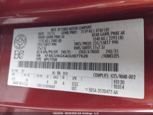 Ford ESCAPE SE 2016 1FMCU9GX4GUB77626 Image 19