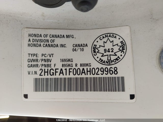 Продаж на аукціоні авто 2010 Honda Civic, vin: 2HGFA1F00AH029968, номер лоту: 12622032