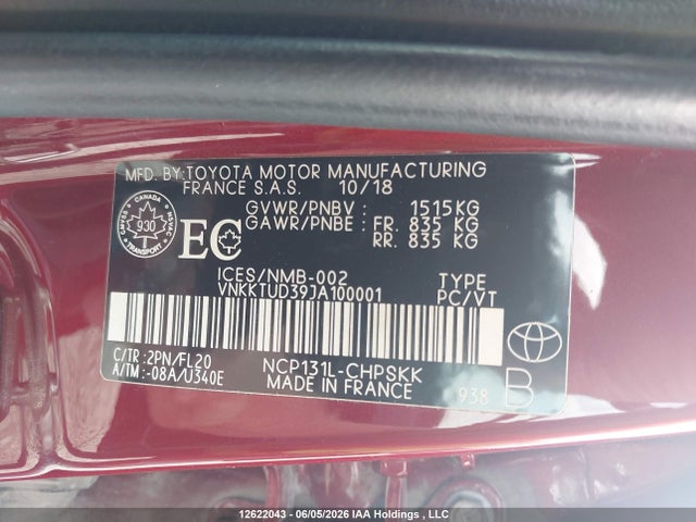 12622043 :رقم المزاد ، VNKKTUD39JA100001 vin ، 2018 Toyota Yaris L/le/se مزاد بيع