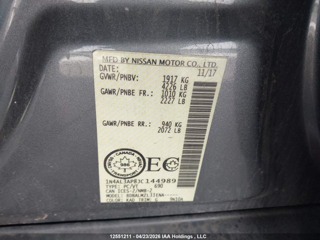 1N4AL3AP8JC144989 Nissan Altima 2.5 S/2.5 Sl Tech/2.5 Sv