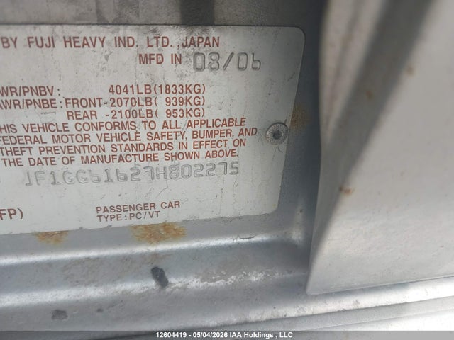 Продаж на аукціоні авто 2007 Subaru Impreza 2.5 I, vin: JF1GG61627H802275, номер лоту: 12604419