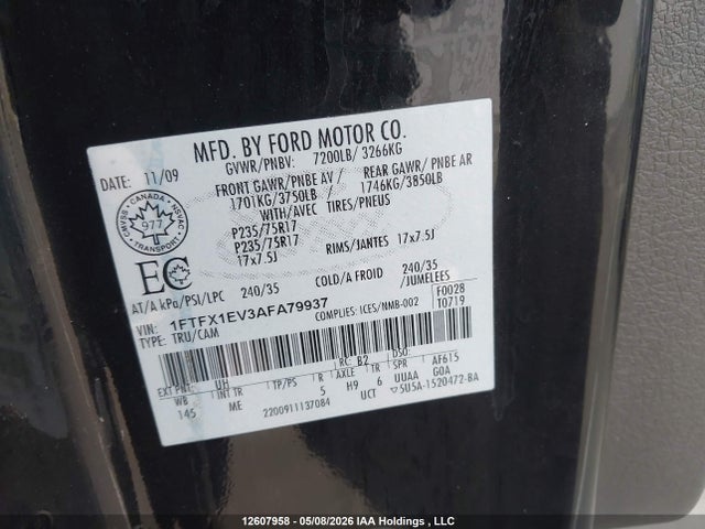 Продажа на аукционе авто 2010 Ford F-150 Fx4/lariat/svt Raptor/xl/xlt, vin: 1FTFX1EV3AFA79937, номер лота: 12607958