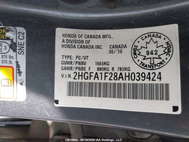 2010 Honda Civic Dx/dx-a მანქანა იყიდება აუქციონზე, vin: 2HGFA1F28AH039424, აუქციონის ნომერი: 12610062