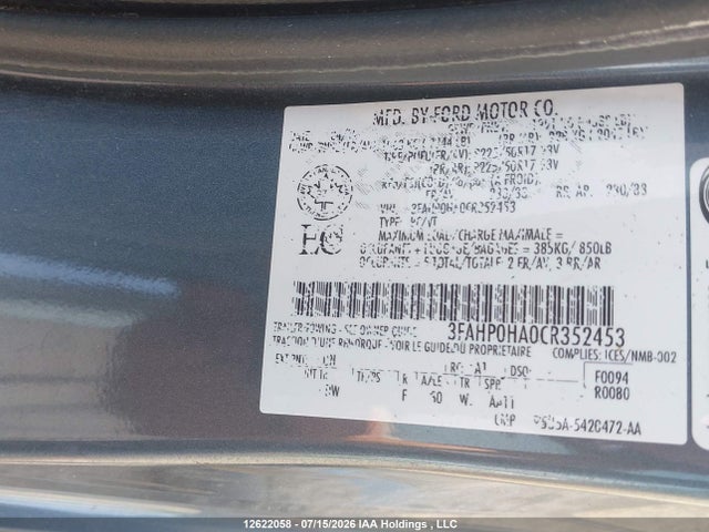 12622058 :رقم المزاد ، 3FAHP0HA0CR352453 vin ، 2012 Ford Fusion Se مزاد بيع