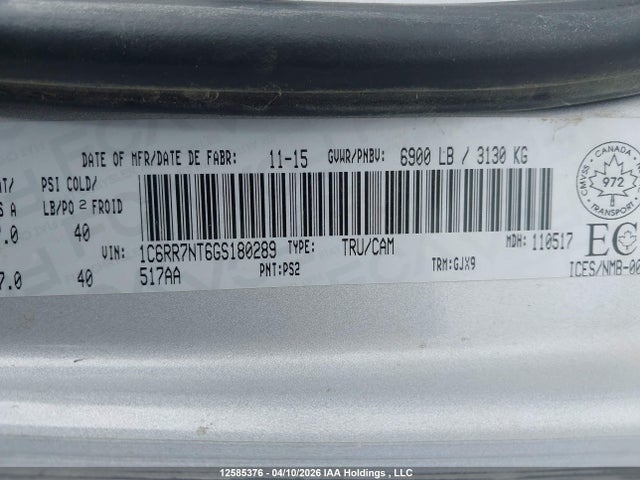 2016 Ram 1500 Laramie მანქანა იყიდება აუქციონზე, vin: 1C6RR7NT6GS180289, აუქციონის ნომერი: 12585376