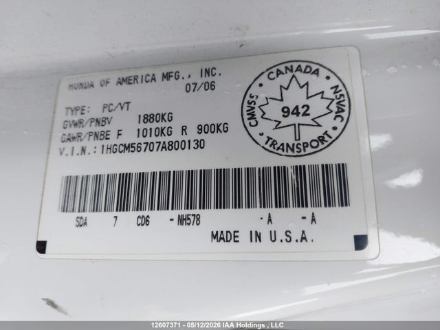 Продаж на аукціоні авто 2007 Honda Accord Ex-l/se, vin: 1HGCM56707A800130, номер лоту: 12607371
