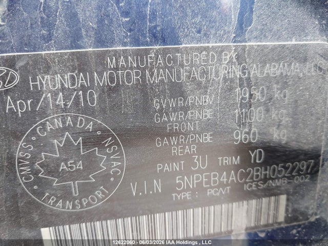 2011 Hyundai Sonata Gls მანქანა იყიდება აუქციონზე, vin: 5NPEB4AC2BH052297, აუქციონის ნომერი: 12622060