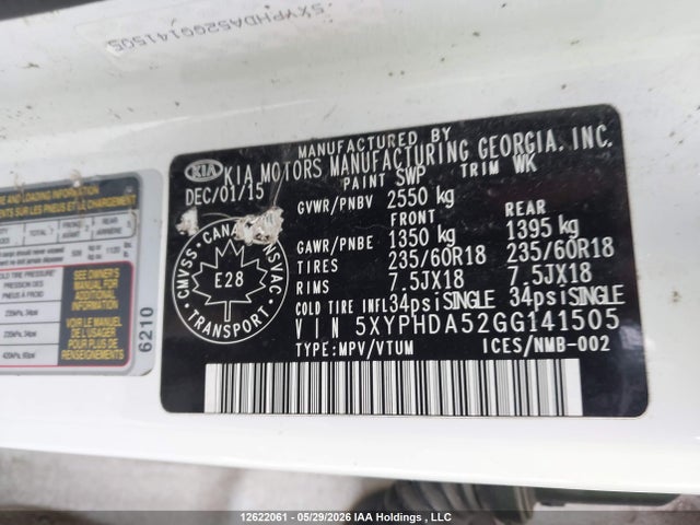 5XYPHDA52GG141505 KIA SORENTO EX