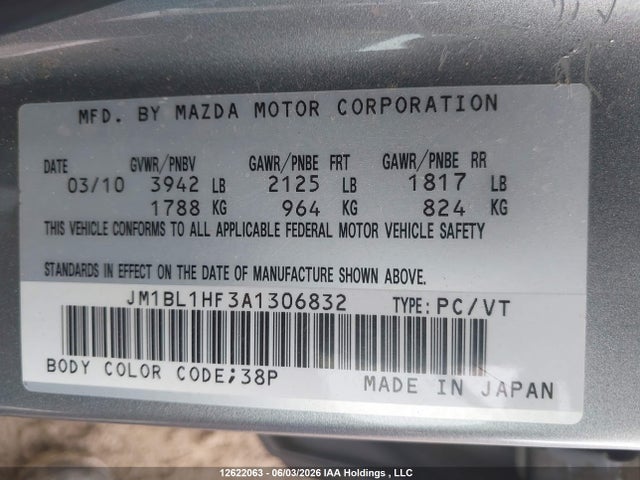 12622063 :رقم المزاد ، JM1BL1HF3A1306832 vin ، 2010 Mazda 3 I مزاد بيع