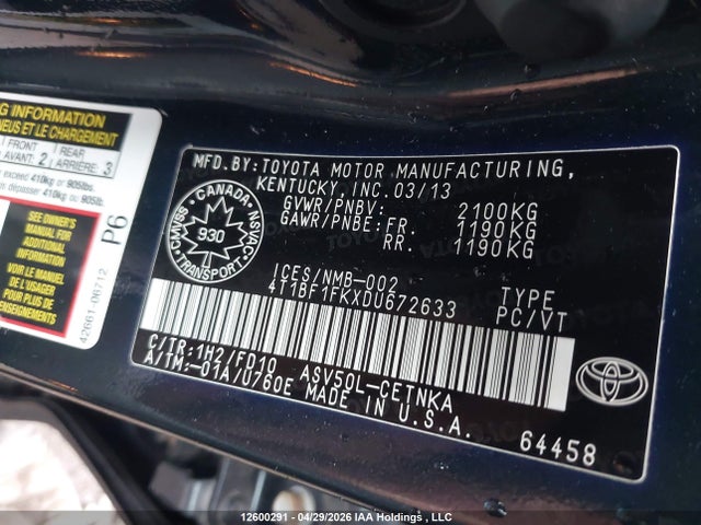 2013 Toyota Camry Le მანქანა იყიდება აუქციონზე, vin: 4T1BF1FKXDU672633, აუქციონის ნომერი: 12600291
