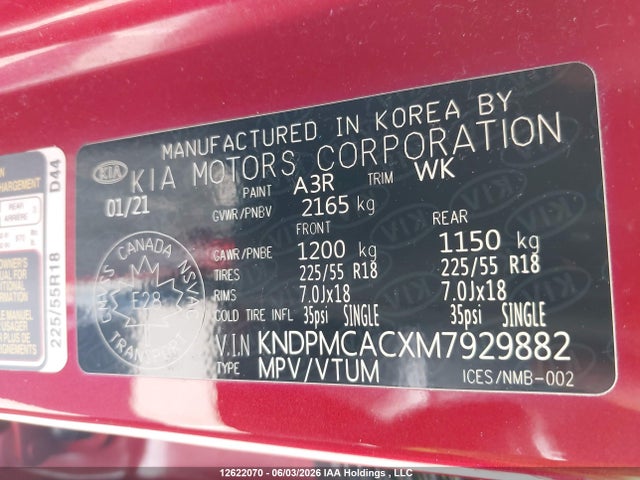 12622070 :رقم المزاد ، KNDPMCACXM7929882 vin ، 2021 Kia Sportage Lx مزاد بيع