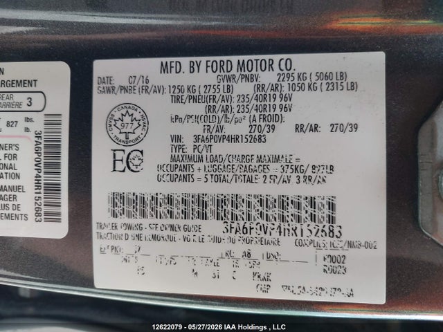 12622079 :رقم المزاد ، 3FA6P0VP4HR152683 vin ، 2017 Ford Fusion Sport مزاد بيع