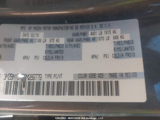 12622082 :رقم المزاد ، 3MZBM1U79GM289779 vin ، 2016 Mazda Mazda3 G/gx مزاد بيع