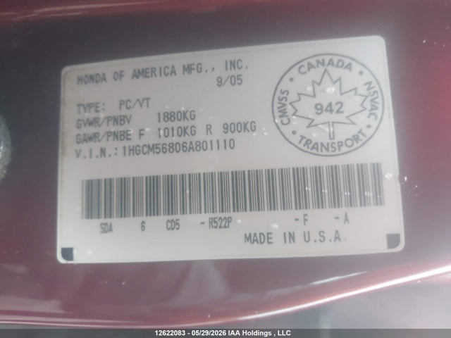 Продаж на аукціоні авто 2006 Honda Accord Ex, vin: 1HGCM56806A801110, номер лоту: 12622083