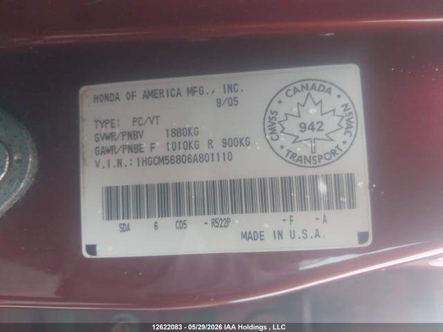 Продаж на аукціоні авто 2006 Honda Accord Ex, vin: 1HGCM56806A801110, номер лоту: 12622083