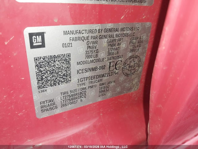 12567374 :رقم المزاد ، 1GTP9EEDXMZ213794 vin ، 2021 Gmc Sierra 1500 At4 مزاد بيع