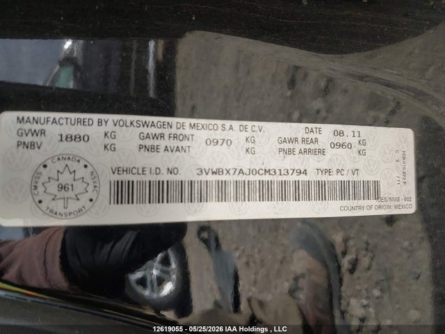 2012 Volkswagen Jetta 2.5l Comfortline/2.5l Sportline მანქანა იყიდება აუქციონზე, vin: 3VWBX7AJ0CM313794, აუქციონის ნომერი: 12619055
