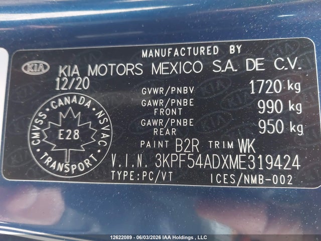 12622089 :رقم المزاد ، 3KPF54ADXME319424 vin ، 2021 Kia Forte Ex مزاد بيع