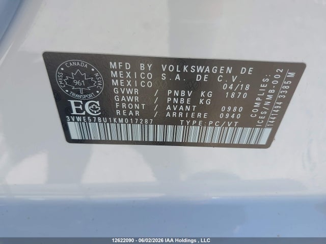 Aukcja sprzedaży 2019 Volkswagen Jetta 1.4 Tsi Highline, vin: 3VWE57BU1KM017287, numer aukcji: 12622090