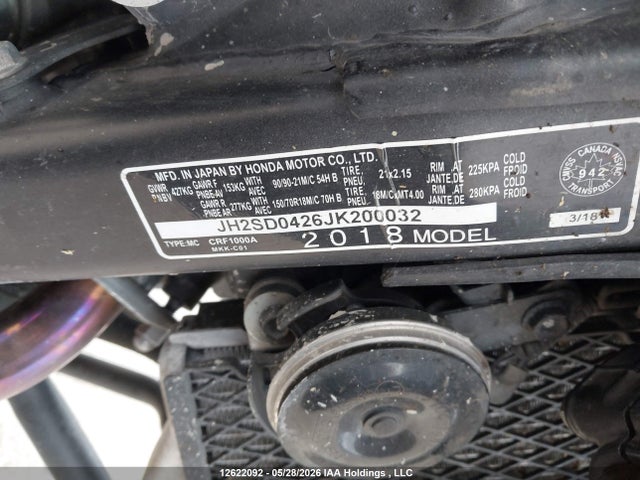 Продаж на аукціоні авто 2018 Honda Crf1000, vin: JH2SD0426JK200032, номер лоту: 12622092