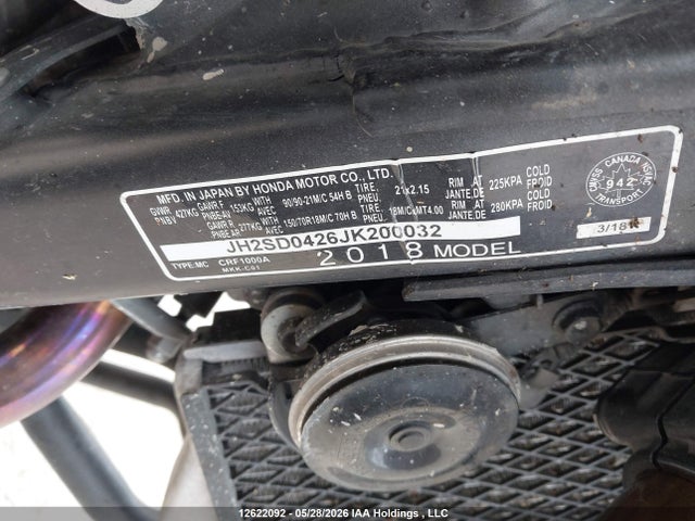 Продаж на аукціоні авто 2018 Honda Crf1000, vin: JH2SD0426JK200032, номер лоту: 12622092