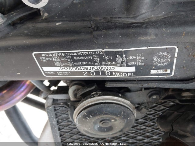 Продаж на аукціоні авто 2018 Honda Crf1000, vin: JH2SD0426JK200032, номер лоту: 12622092