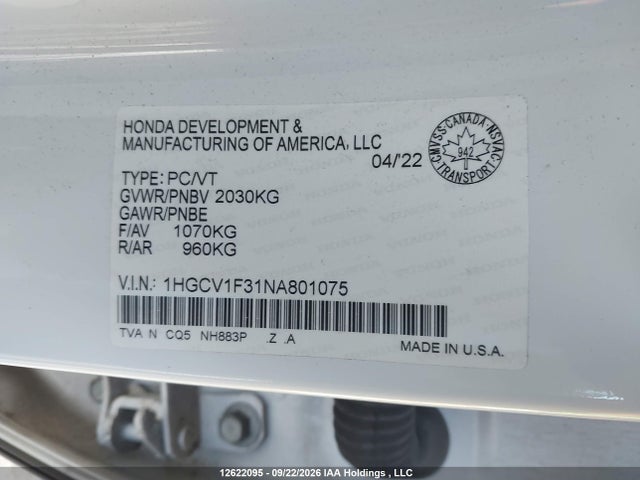 Продажа на аукционе авто 2022 Honda Accord Sport 1.5t, vin: 1HGCV1F31NA801075, номер лота: 12622095