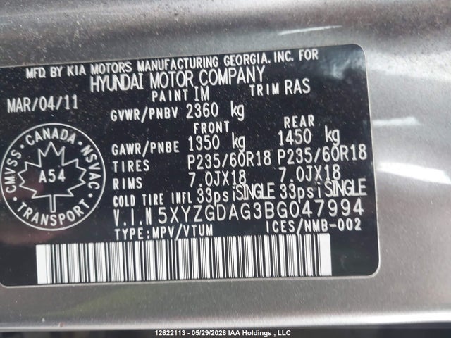 2011 Hyundai Santa Fe Gl 3.5 Sport მანქანა იყიდება აუქციონზე, vin: 5XYZGDAG3BG047994, აუქციონის ნომერი: 12622113