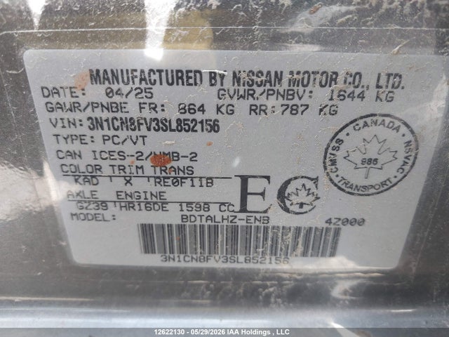 Aukcja sprzedaży 2025 Nissan Versa Sr, vin: 3N1CN8FV3SL852156, numer aukcji: 12622130