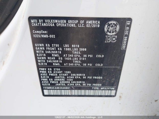 Auction sale of the 2019 Volkswagen Atlas 3.6 Fsi Highline, vin: 1V2MR2CA9KC545881, lot number: 12622137
