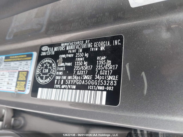 12622138 :رقم المزاد ، 5XYPGDA50GG153283 vin ، 2016 Kia Sorento 3.3l Lx + مزاد بيع