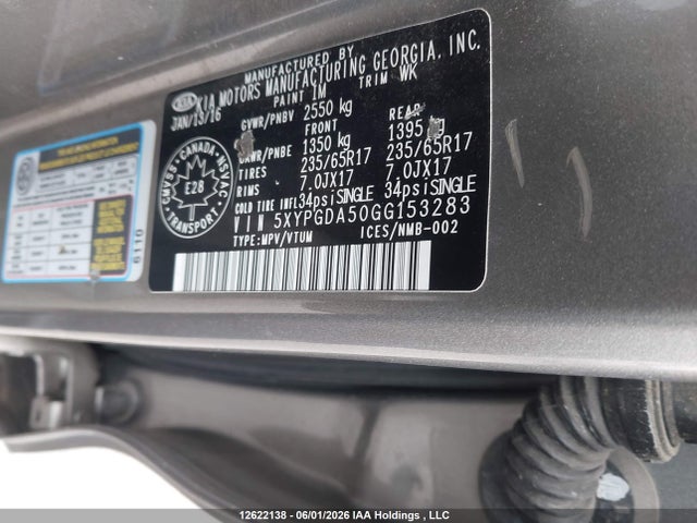 12622138 :رقم المزاد ، 5XYPGDA50GG153283 vin ، 2016 Kia Sorento 3.3l Lx + مزاد بيع