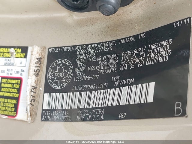2011 Toyota Sienna მანქანა იყიდება აუქციონზე, vin: 5TDZK3DC5BS113417, აუქციონის ნომერი: 12622141