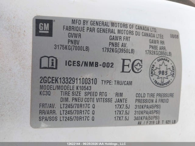 12622144 :رقم المزاد ، 2GCEK133291100310 vin ، 2009 Chevrolet Silverado K1500 مزاد بيع