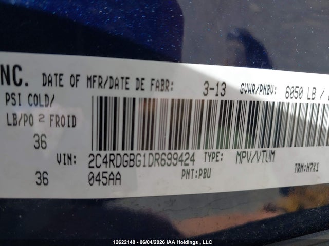 12622148 :رقم المزاد ، 2C4RDGBG1DR699424 vin ، 2013 Dodge Grand Caravan Se مزاد بيع