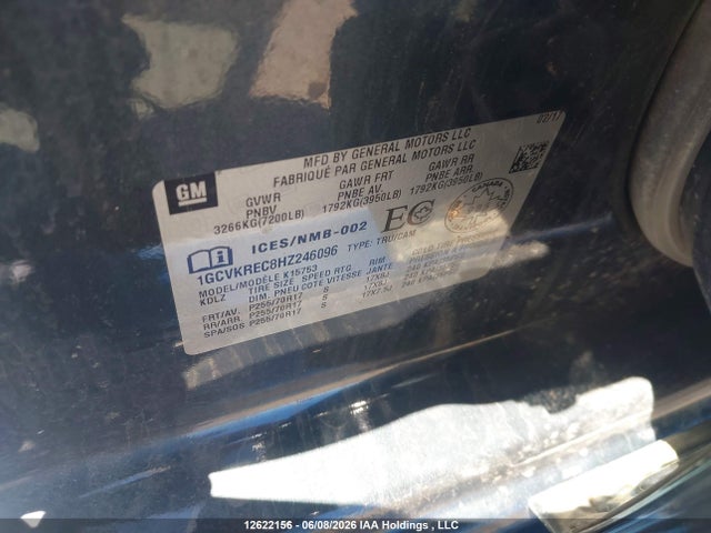 12622156 :رقم المزاد ، 1GCVKREC8HZ246096 vin ، 2017 Chevrolet Silverado K1500 Lt مزاد بيع
