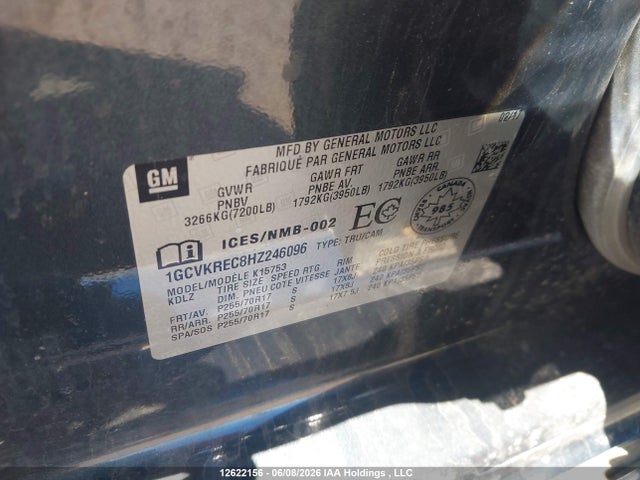 12622156 :رقم المزاد ، 1GCVKREC8HZ246096 vin ، 2017 Chevrolet Silverado K1500 Lt مزاد بيع