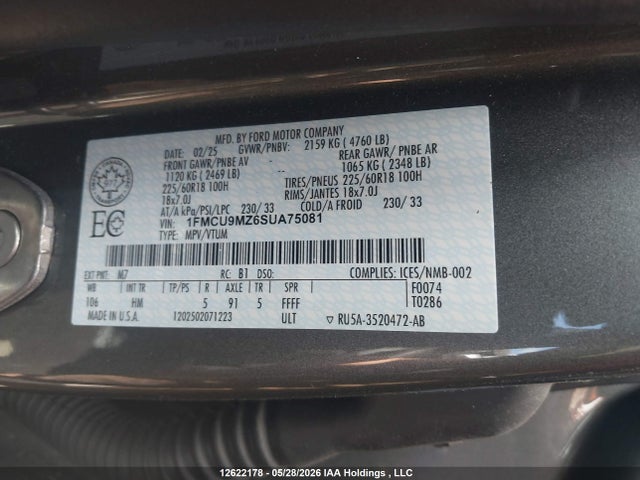 12622178 :رقم المزاد ، 1FMCU9MZ6SUA75081 vin ، 2025 Ford Escape St Line مزاد بيع
