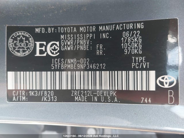 Продажа на аукционе авто 2022 Toyota Corolla Le/xle, vin: 5YFBPMBE9NP346212, номер лота: 12622184