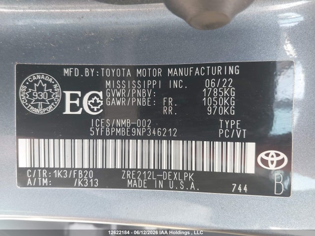 Продажа на аукционе авто 2022 Toyota Corolla Le/xle, vin: 5YFBPMBE9NP346212, номер лота: 12622184